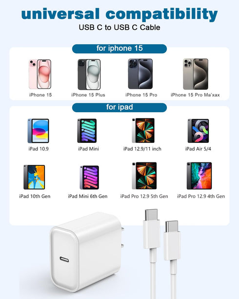 Fast Charger for iPhone 15, Type C USB C Wall Charger Block Adapter with 10FT USB C to C Charging Cable