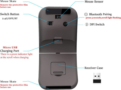 Foldable Bluetooth Travel Mouse - Wireless Portable 2.4G Arc Mouse for Laptop with Carry Bag