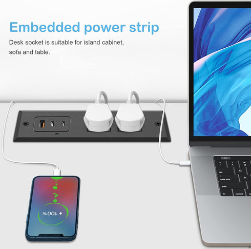 CCCEI 45W 6 45 Recessed Power Strip with USB-C Ports, Fast Charging USB A Port Desk Outlet, Black Furniture Hidden
