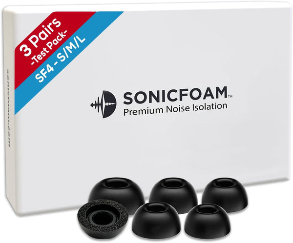 Premium Memory Foam Earbud Tips - 3 Pairs (S/M/L) for SF4 Earphones, Black, Noise Isolation Replacement Pack.