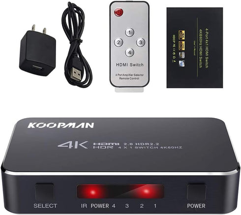 4K HDR HDMI Switch, Koopman 4 Ports 4K 60Hz HDMI 2.0 Switcher with IR Wireless Remote, Supports UltraHD Dolby Vision