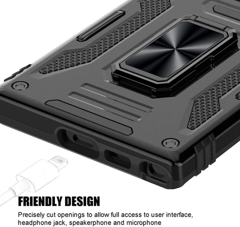 Shockproof Phone Case for Samsung Galaxy S24 Ultra, Sliding Camera Cover & Ring Holder Kickstand, Black
