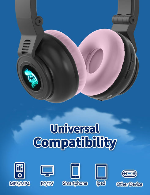 Unicorn Bluetooth Headphones for Girls, Foldable Light Up Kids Wireless Headphones for Toddlers, Birthday Gifts (Black)