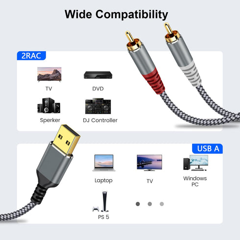 USB to RCA Audio Cable, 16FT USB to 2RCA Male Stereo Y Splitter Adapter for Laptop, PS4, Home Theater