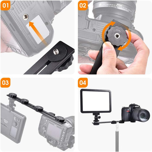 UTEBIT 11 inch Flash Bracket, Long Dual Camera Mount Extension Bar with 1/4“ Hot Shoe for Camera/LED Light