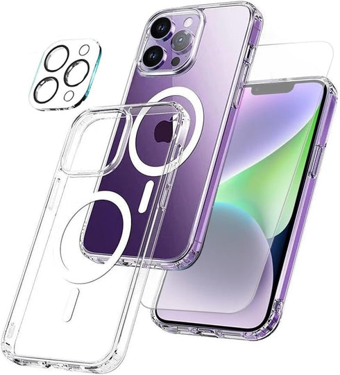 Magnetic Clear Case for iPhone 15 Pro Max, Compatible with MagSafe, Includes Glass Screen Protector and Camera Lens