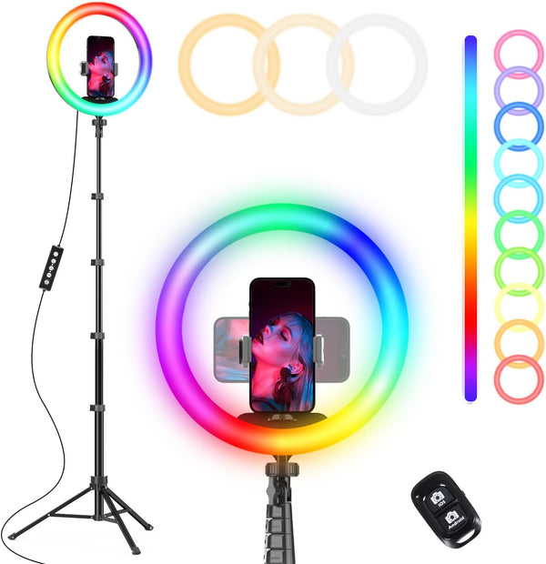 UBeesize 12” RGB Selfie Ring Light with 62” Extendable Tripod Stand & Remote, LED Light for Video Recording/Makeup