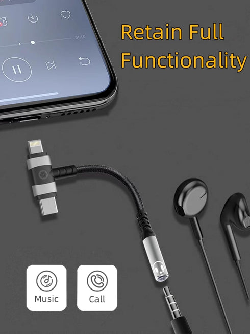 Headphone Adapter Compatible with i Phone 15 14 13, 2-in-1 Type-C & L-Port to 3.5mm Female Headphone Jack, HiFi Aux Audio Dongle Durable Cable Cord for Galaxy S23 S22 S21 Ultra
