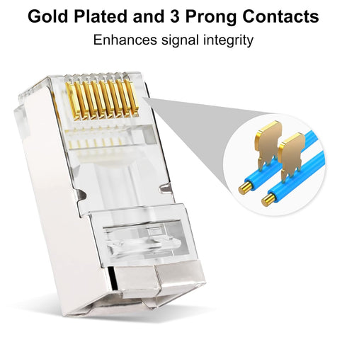 RJ45 Connectors, 50PCS Shielded Pass Through Connector, Cat 6 Gold Plated 3 Prong 8P8C with 50PCS Strain Relief Boots