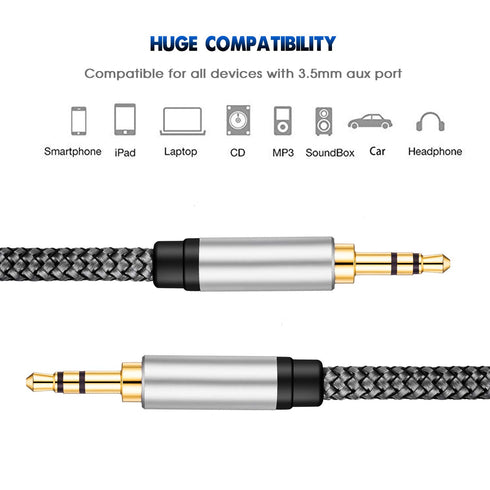 3.5mm 1Ft, More(1Ft/0.3M,Silver) Tan QY Nylon Braided Aux Cable Audio Auxiliary Input Adapter Male to Male Cord