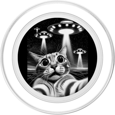 Cat UFO Selfie PopSockets PopGrip for MagSafe, Funny Invasion Meme Retro Alien