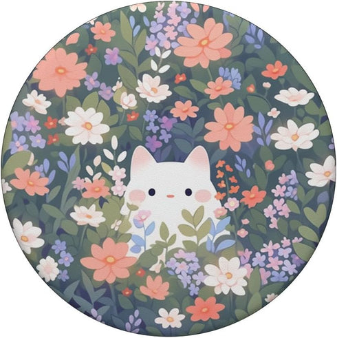Cute White Cat Hiding in Spring Flowers Botanical Floral PopSockets Standard PopGrip