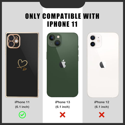 Luxury Square Case for iPhone 11, Cute Gold Love Heart Pattern Cover for Women & Girls - Black
