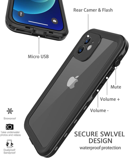 Waterproof Case for iPhone 12 Mini, Full Body Shockproof Case with Screen Protector, Dust Proof Cover (Black)