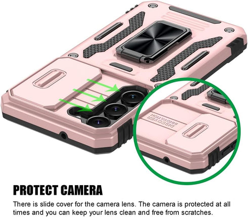 Shockproof Phone Case for Samsung Galaxy S23 with Sliding Camera Cover & Rotatable Ring Holder Kickstand + Tempered