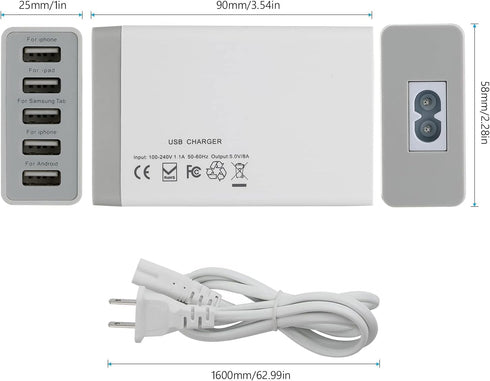 Pezin & Hulin 5 Port USB Wall Charger, 45W, Compatible with Tablet, Phone, and Cell Devices