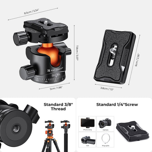 K&F Concept 36mm Metal Tripod Ball Head, 360° Rotating Panoramic with Quick Release Plate