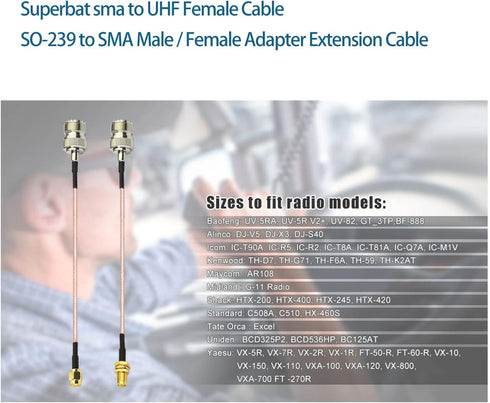Superbat Coax UHF Female SO-239 to SMA Male/Female Adapter - 12" Extension Cable for Baofeng CB Radio, 2pcs