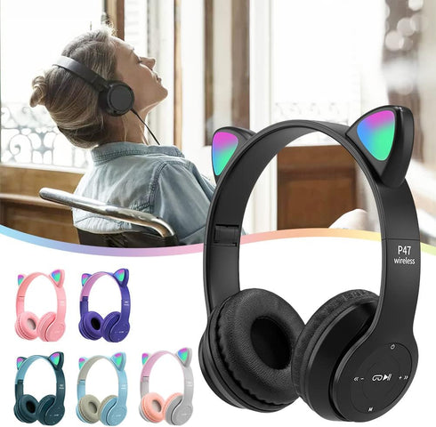 Kids Cat Ear Headphones, LED Light Up Bluetooth 5.0 Foldable Gaming Headset, Noise Cancelling Over Ear, Purple