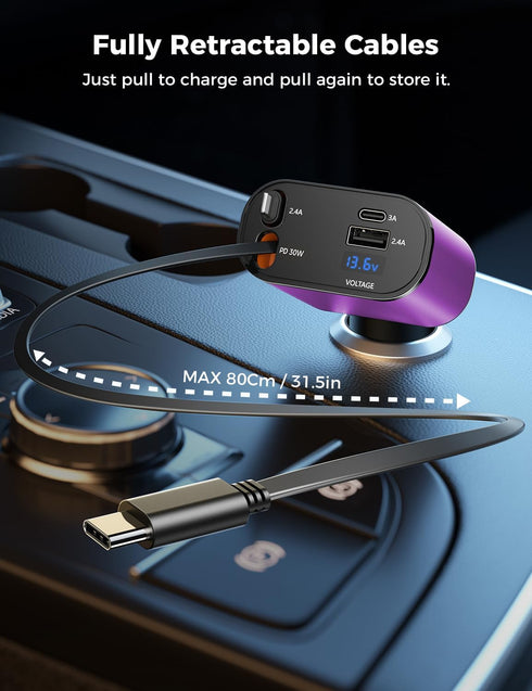 ?Upgraded?SUPERONE 4 in 1 Retractable Car Charger, Fast Car Phone Charger with 2.6ft Cord for iPhone 15/15 Pro