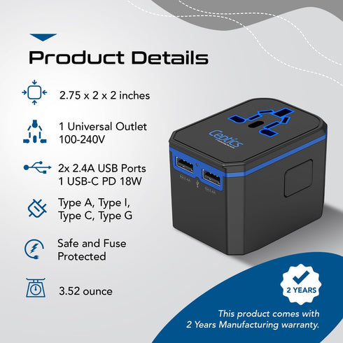 Ceptics Universal Travel Plug Adapter - 33W with PD & QC 3.0 USB-C Fast Charging, 2 USB Ports
