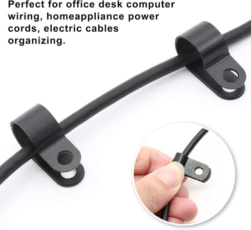 60pcs 1/4 Inch Nylon Cable Clamps, R-Type Wire Cable Clips with M4 Screws for Wire Management (Black)