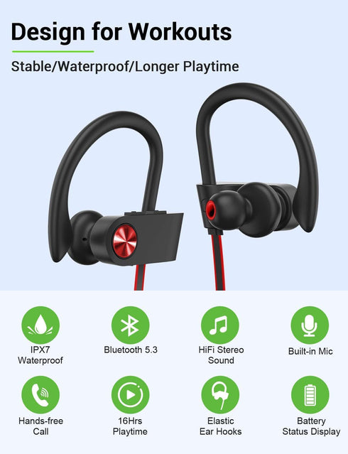 Stiive Bluetooth Headphones, 5.3 Wireless Sports Earbuds IPX7 Waterproof with Mic, Stereo Sweatproof in-Ear Earphones, Noise Cancelling Headsets for Gym Running Workout, 16 Hours Playtime - BlackRed