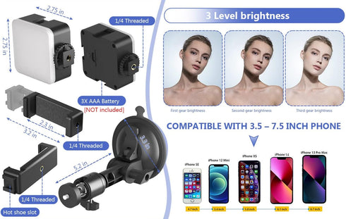 Suction Cup Mirror Phone Holder with Light, Travel Wall Phone Camera Mount for Makeup Content Creator Essentials,