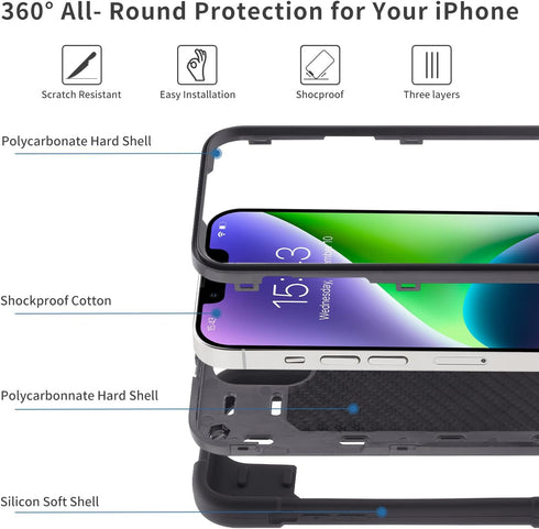 iPhone 14 Plus Case 6.7" - Heavy-Duty Rugged Cover (Black) with Ring Stand, 2 Glass Screen Protectors & 1 Camera Lens