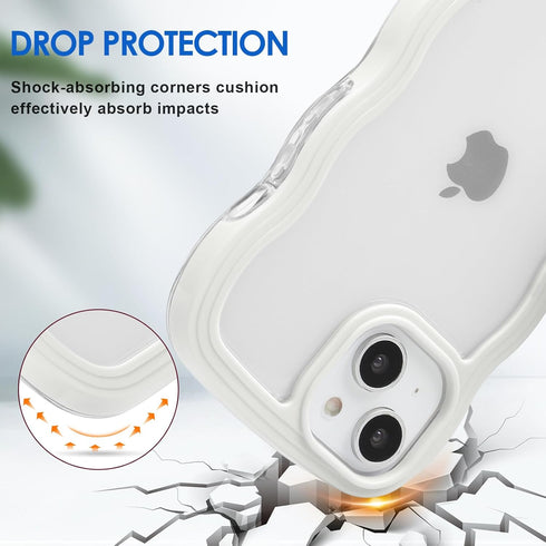 Anuck for iPhone 13 Case Wavy Edge Clear Back Design, Anti-Slip Grip Cute Wave Curly Frame Shape Shockproof Soft TPU & Hard Bumper Protective Phone Case Cover for Women Girls, White