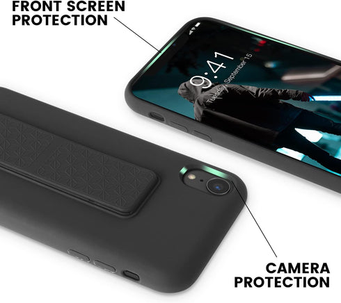 LAUDTEC iPhone XR Case Compatible, Silicone Kickstand with Hand Strap, Flexible Soft Liquid Silicone Stand Case - Black
