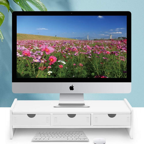 VALEN White Monitor Stand Riser, Computer Laptop Riser Shelf with 3 Organizer Drawers (19.5" L x 7.5" W x 4.7" H)