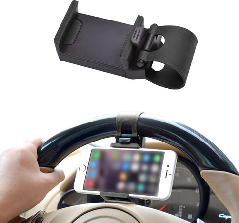Car Steering Wheel Phone Mount, Portable Clip Holder for Universal Smartphone Use (Black)