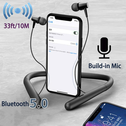 Bluetooth Wireless Neckband Headphones, Bluetooth 5.0, 20H Playtime, Magnetic Earbuds, Noise Cancelling Mic (Black)
