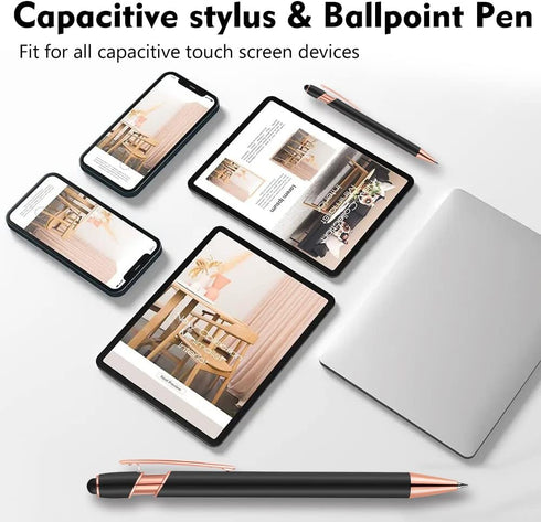 12 PCS 2 in 1 Stylus Ballpoint Pens with Stylus Tips, 1.0 mm Black Ink Metal Pens for Touch Screens, 12 Refills (Rose