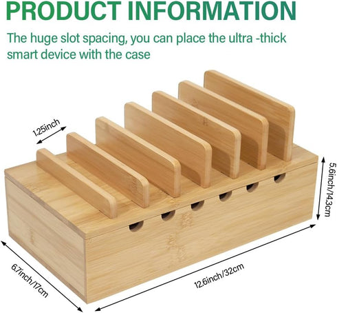 Bamboo Charging Station for Multiple Devices, Upgrade Desk Docking Station Organizer for Apple Devices (Includes 6