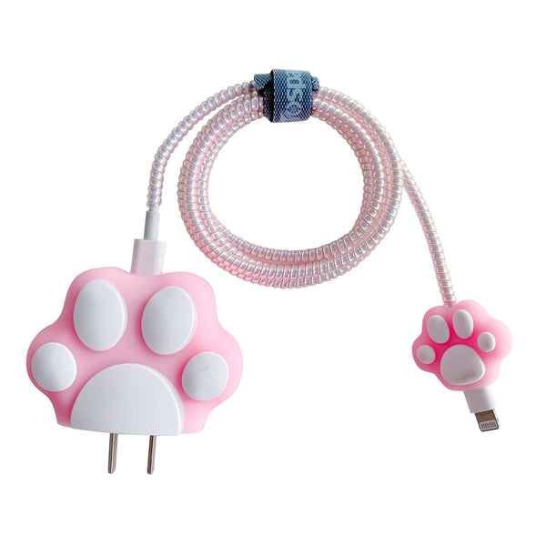 3D Cute Cartoon Charger Protector Case for Apple 20W USB-C Power Adapter and Lightning Cable (Pink Cat's Claw)