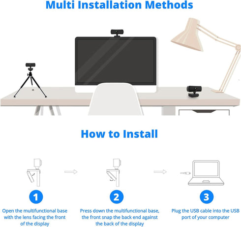 Yunseity 1440P 360 2 Webcam with Microphone, HD USB Computer Web Camera with Rotation, Auto Light Correction Mics
