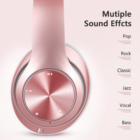 9S Over Ear Bluetooth Headphones, 60 Hours Playtime, Hi-Fi Stereo, Deep Bass, Foldable, Microphone, Rose Gold