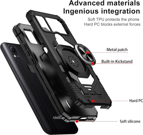 TJS Heavy Duty Phone Case for Cricket Icon 5 & AT&T Motivate 4, with Tempered Glass & Magnetic Kickstand (Black)