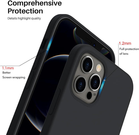 ORNARTO iPhone 12 & 12 Pro Case, Black, Slim Liquid Silicone 3 Layers Full Covered Soft Gel Rubber Phone Cover
