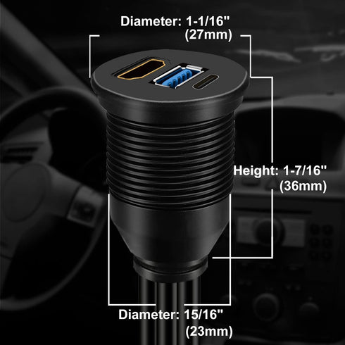 BATIGE USB 3.0 & Type C 3.1 & HDMI Male to Female Car USB C Flush Mount Extension Cable, 3ft