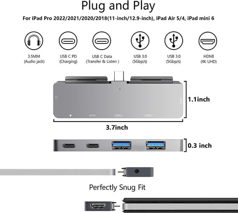 USB C Hub Docking Station for iPad Pro, Adapter with 4K HDMI, 3.5mm Jack, 2 USB3.0 Ports, PD Charging for iPad Mini