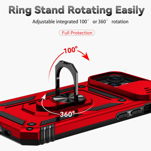 SunStory iPhone 15 Plus Case, Red with HD Screen Protector, Slide Camera Cover & Rotated Ring Kickstand, Military-Grade