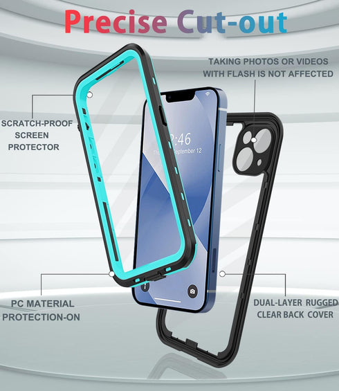 Waterproof Shockproof Case for iPhone 13, Full-Body Sturdy Cover with Camera Lens Protector and Built-in Screen