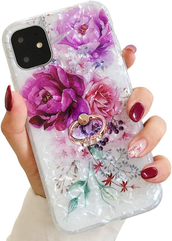 Qokey iPhone 11 Pro Case, 5.8 inch, Floral Cute Design with 360 Degree Rotating Ring Kickstand, Mauve Flower