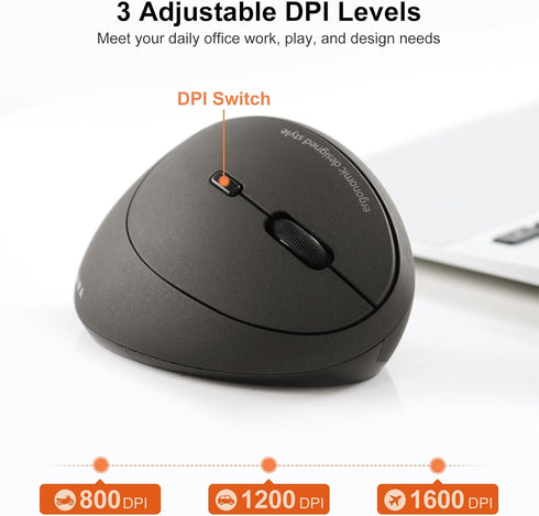 SANWA 2.4G Wireless Ergonomic Mouse, Optical Vertical Ergo Mice for Small Hands, 800/1200/1600 DPI, Black