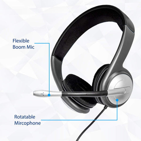 USB Wired Headset with Microphone for PC, Stereo Headphones with Boom Mic, In-Line Volume & Mic Mute Controls,
