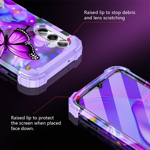 Rancase Butterfly Galaxy A15 5G Case: Three-Layer Heavy Duty Shockproof with 2 Tempered Glass Protectors, 6.5 inch.