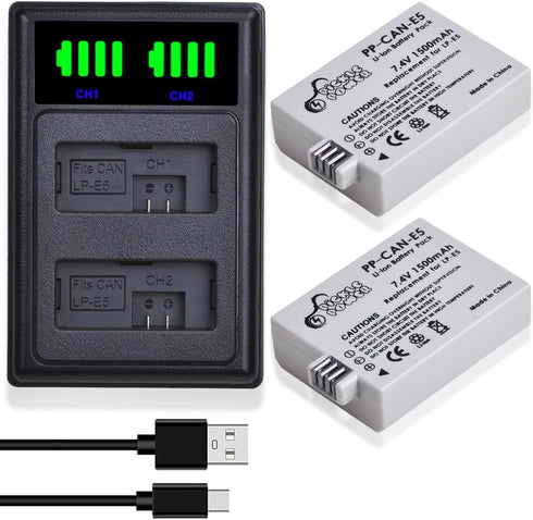 LP-E5 LPE5 LP E5 Battery and Smart LED Display Dual Channel Charger Compatible with Canon EOS Rebel XSi, Rebel T1i,